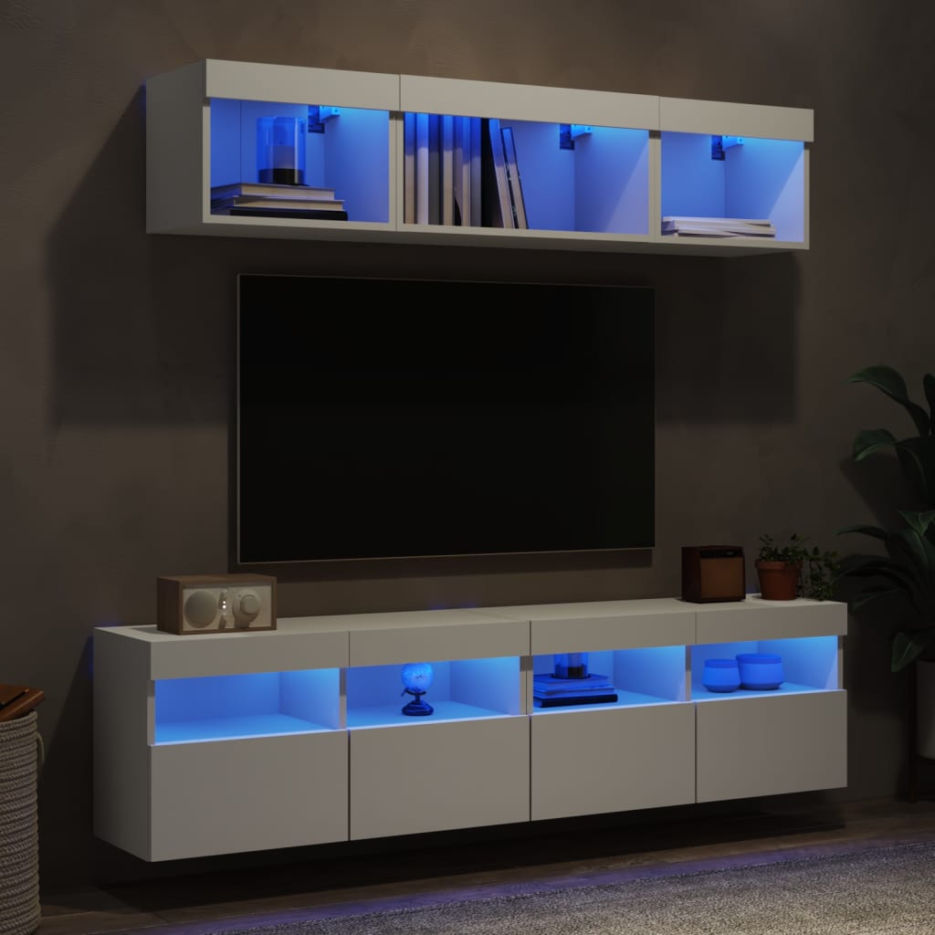 Unitati de perete TV cu LED-uri, 5 piese, alb, lemn prelucrat — imaginea 4