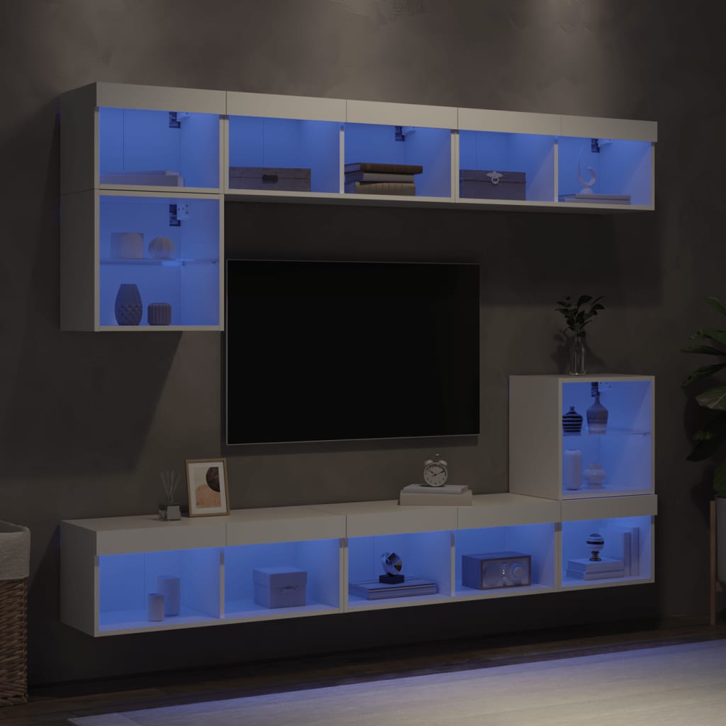 Unitati de perete TV cu LED-uri, 8 piese, alb, lemn prelucrat — imaginea 4