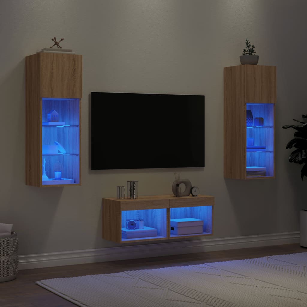 Comode TV de perete cu lumini LED, 4 piese, stejar sonoma — imaginea 4