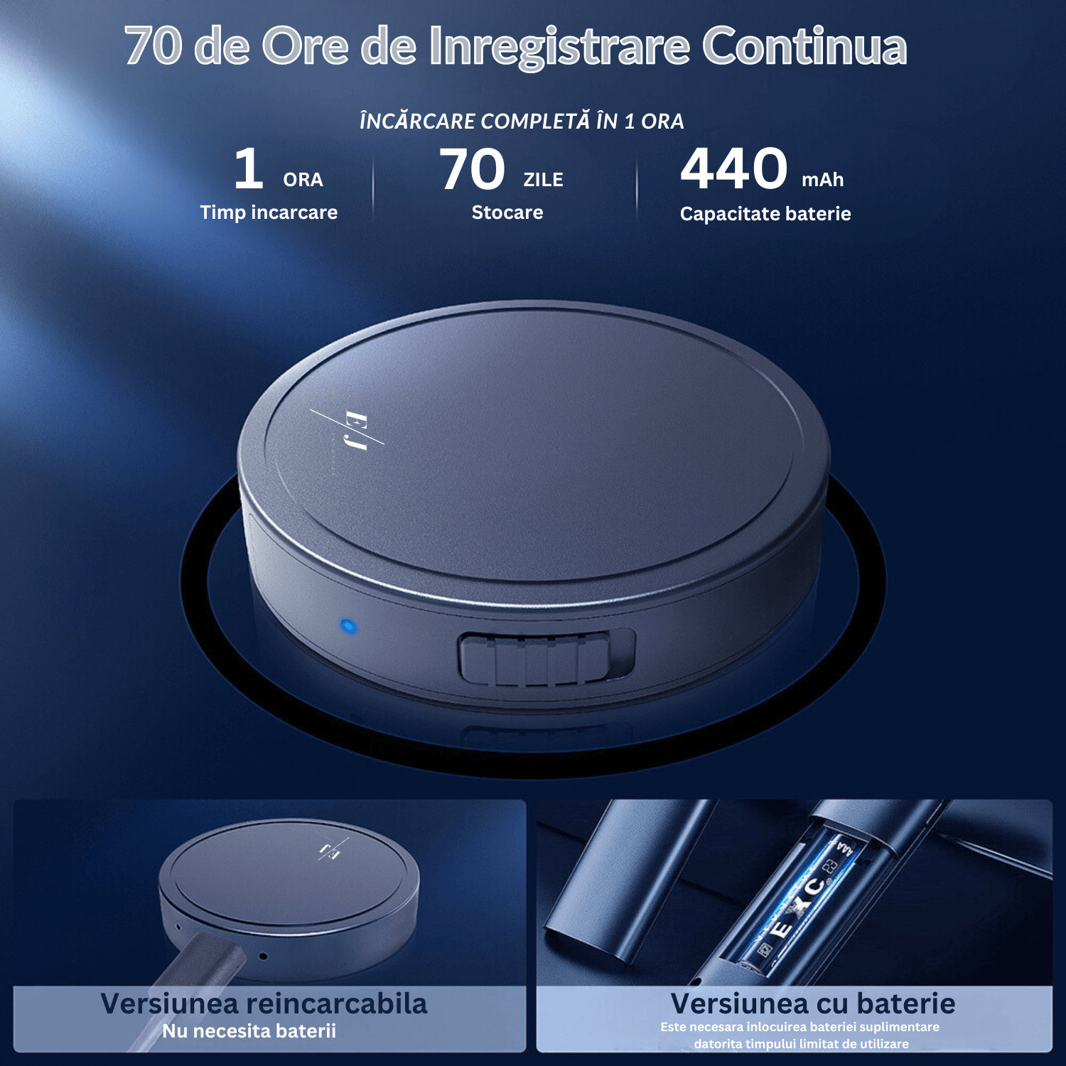 Reportofon magnetic cu microfon ascuns, activare vocala, MP3 Player, 128GB, negru - ZH007 - 1 | YEO
