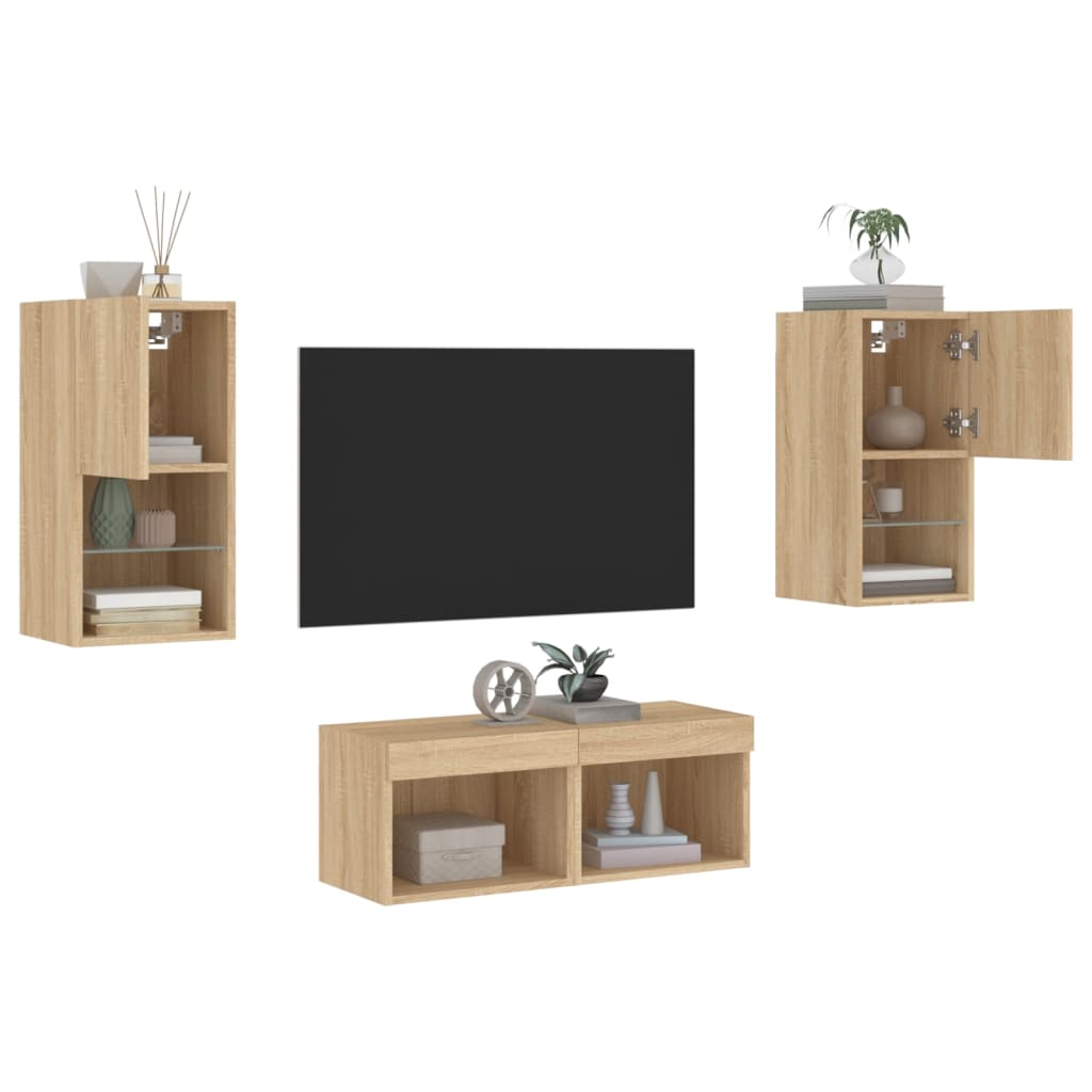 Comode TV de perete cu lumini LED, 4 piese, stejar sonoma — imaginea 2