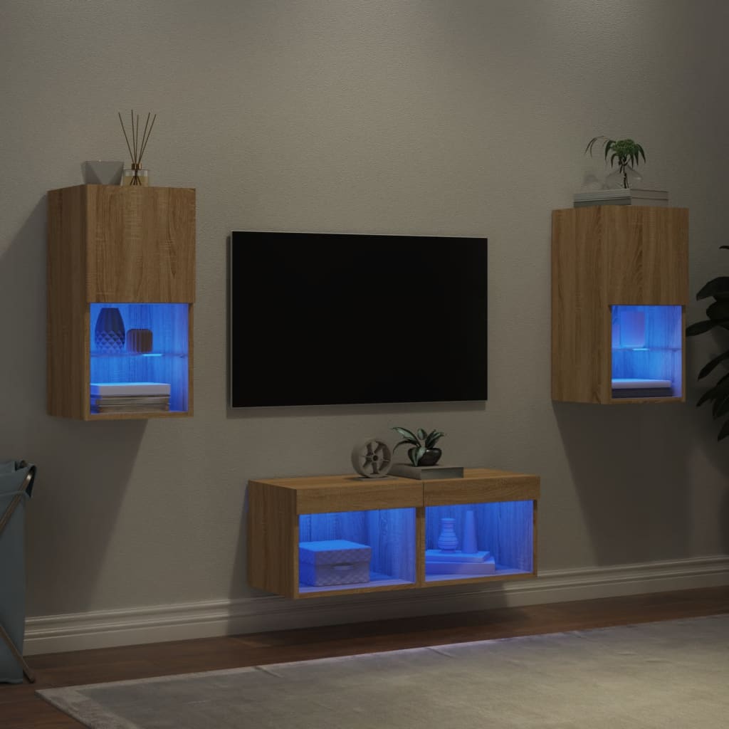 Comode TV de perete cu lumini LED, 4 piese, stejar sonoma — imaginea 4