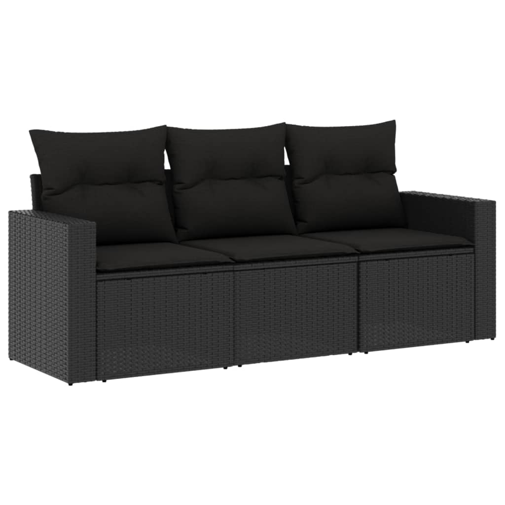 Set mobilier de gradina cu perne, 3 piese, negru, poliratan