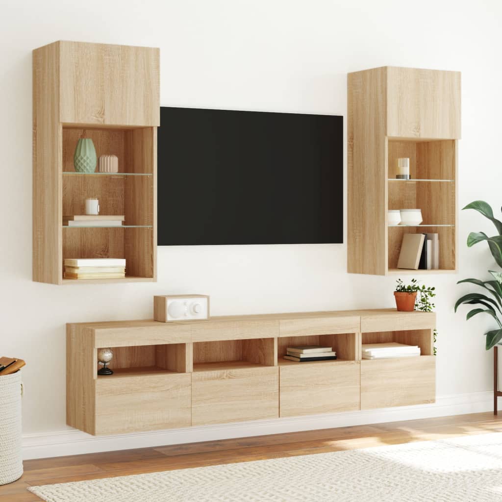 Unitati de perete TV cu LED-uri, 5 piese, stejar sonoma, lemn — imaginea 4