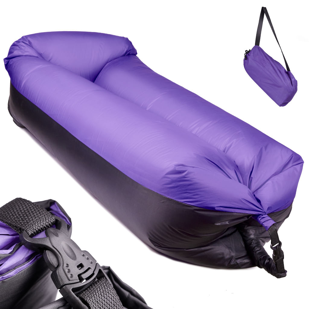 Saltea Autogonflabila "Lazy Bag" tip sezlong, 185 x 70 cm, culoare Negru-Violet, pentru camping, plaja sau piscina