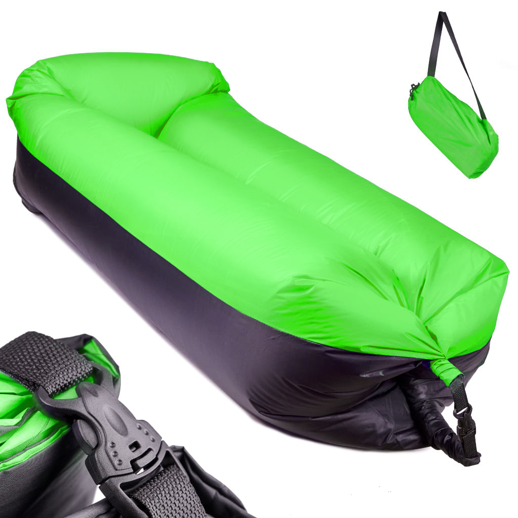 Saltea Autogonflabila "Lazy Bag" tip sezlong, 185 x 70 cm, culoare Negru-Verde, pentru camping, plaja sau piscina