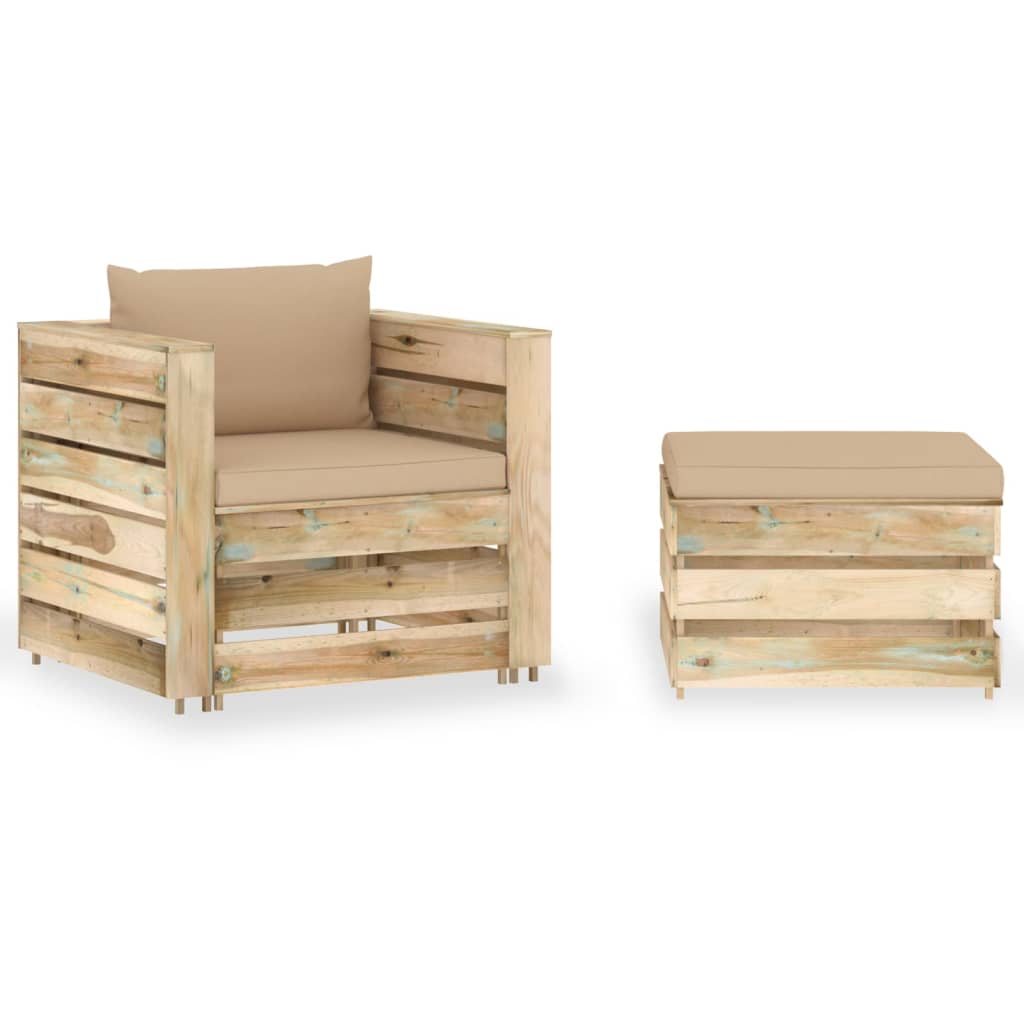 Set mobilier gradina, 2 piese, cu perne, verde, lemn impregnat, bej și maro
