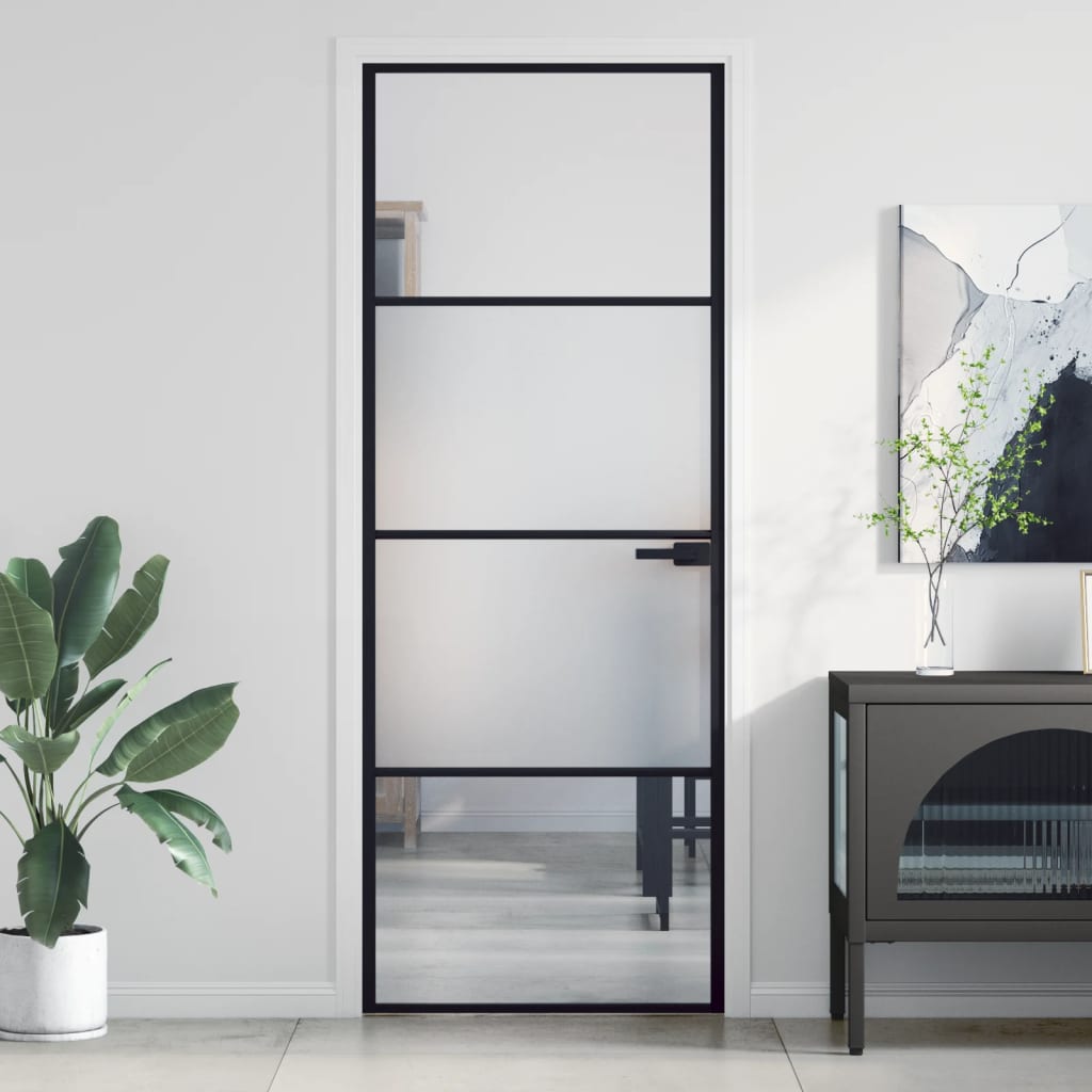 Usa de interior negru 76x201,5 cm sticla securiz./aluminiu slim, negru și transparent și mat, model 3 bare orizontale — imaginea 2