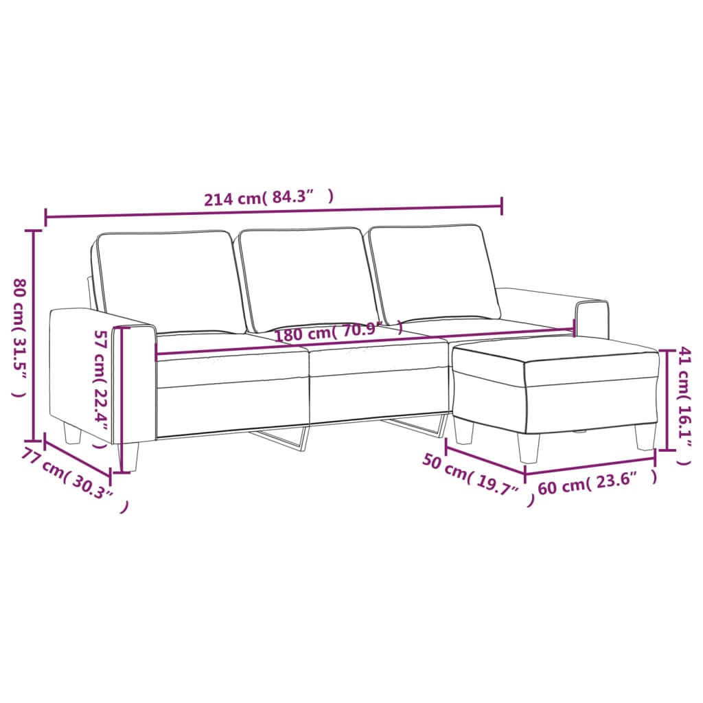 Canapea cu 3 locuri cu taburet, crem, 180 cm, material textil — imaginea 9