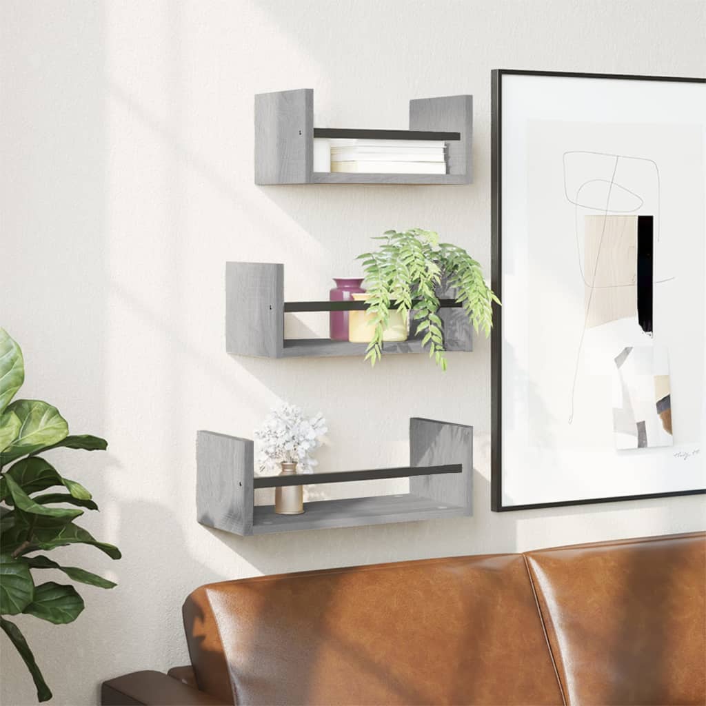 Set rafturi perete cu bare, 3 buc, gri sonoma, lemn prelucrat — imaginea 2