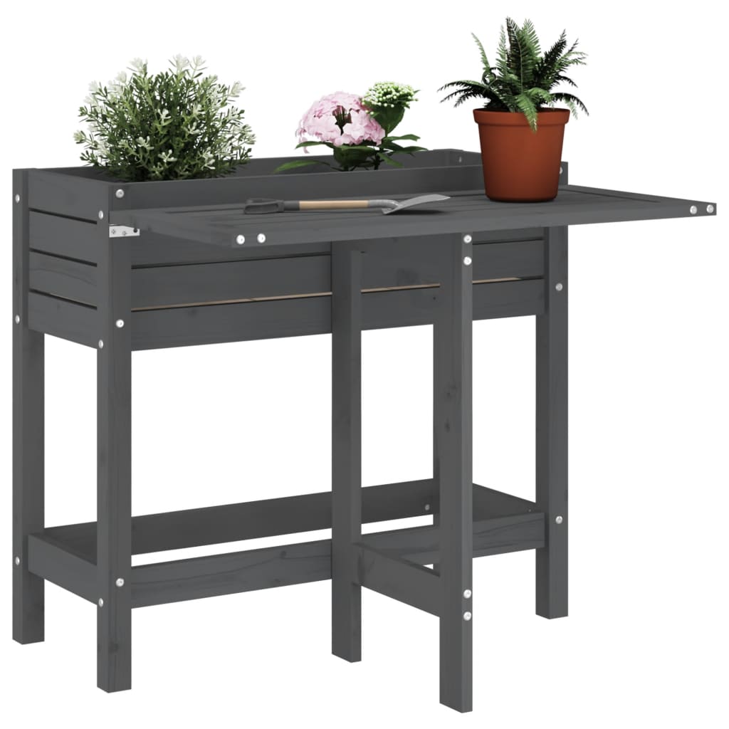 Jardiniera de gradina cu blat pliabil gri lemn masiv pin — imaginea 2