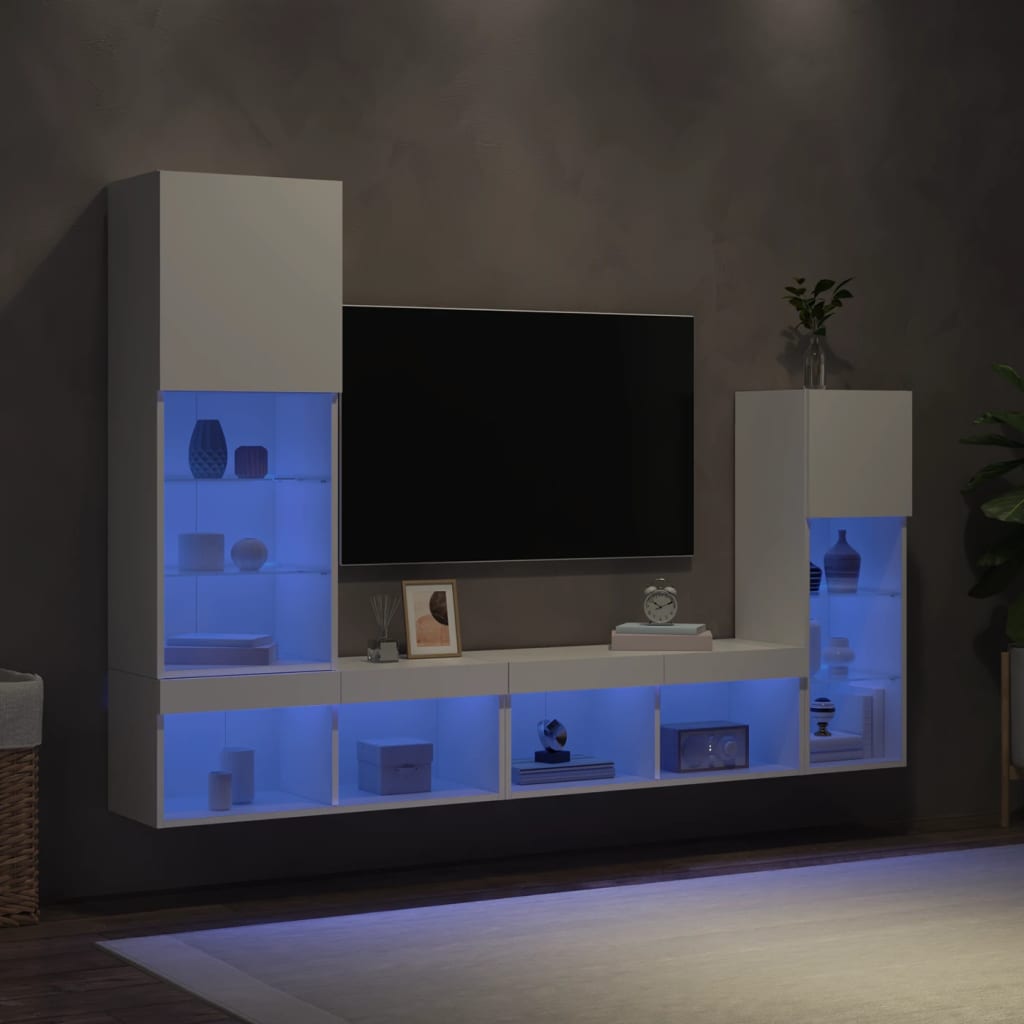 Unitati de perete TV cu LED-uri, 4 piese, alb, lemn prelucrat — imaginea 4