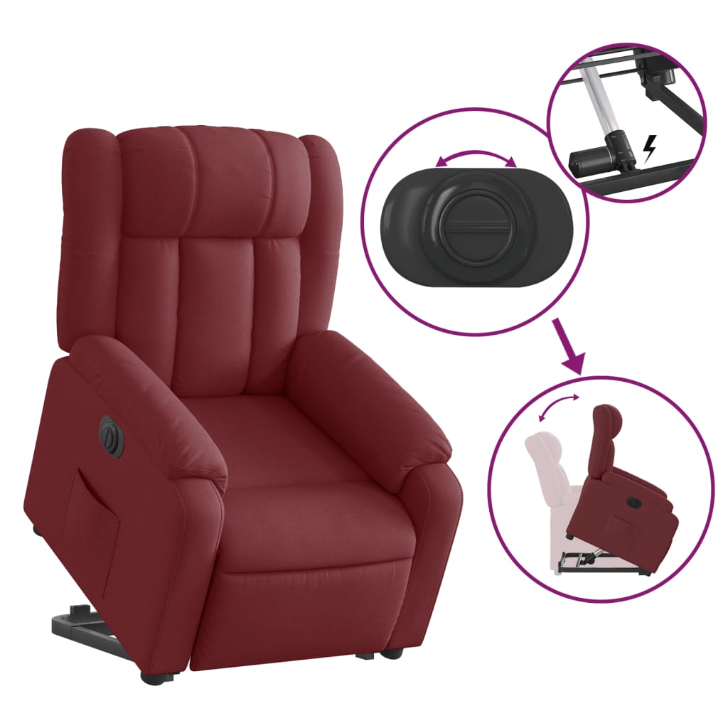 Fotoliu electric rabatabil cu ridicare, rosu vin, textil — imaginea 17