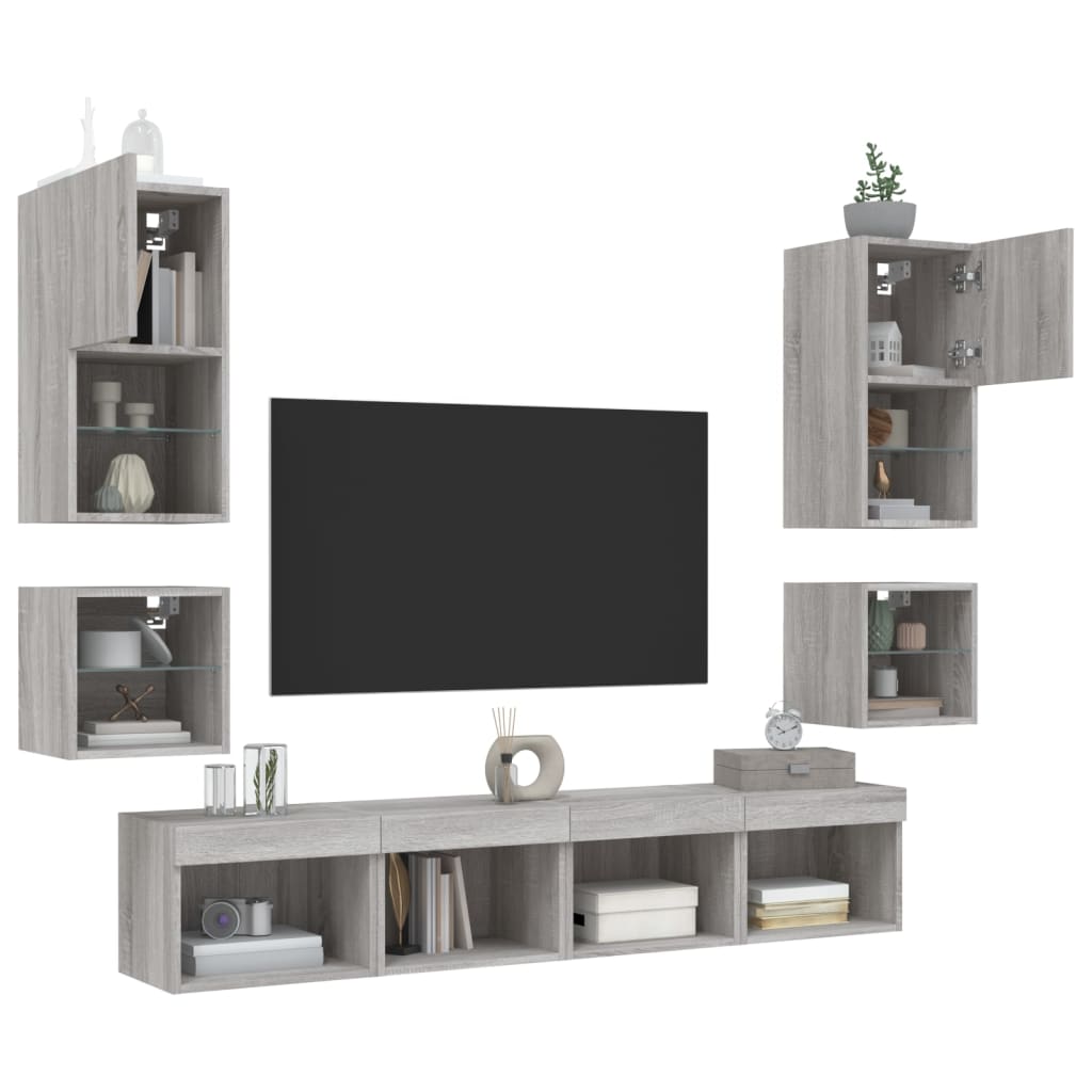 Unitati de perete TV cu LED-uri, 8 piese, gri sonoma, lemn — imaginea 4