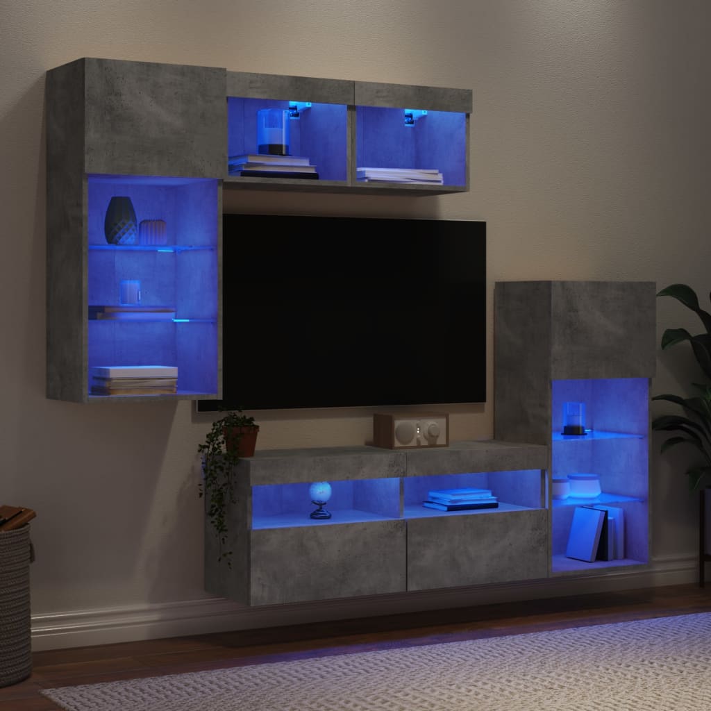 Unitati TV de perete cu LED-uri 5 piese gri beton lemn compozit — imaginea 4