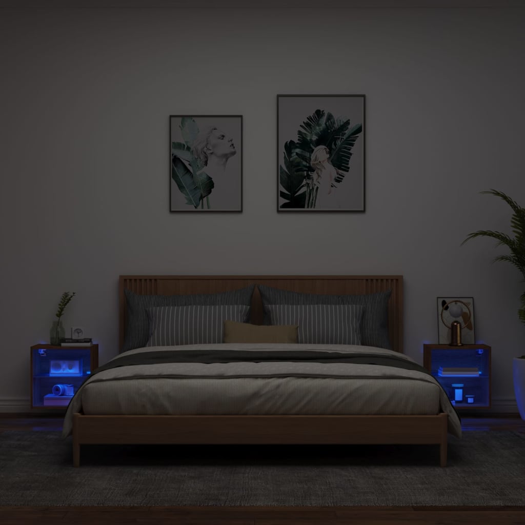 Noptiere cu lumini LED montate pe perete 2 buc. stejar maro — imaginea 3