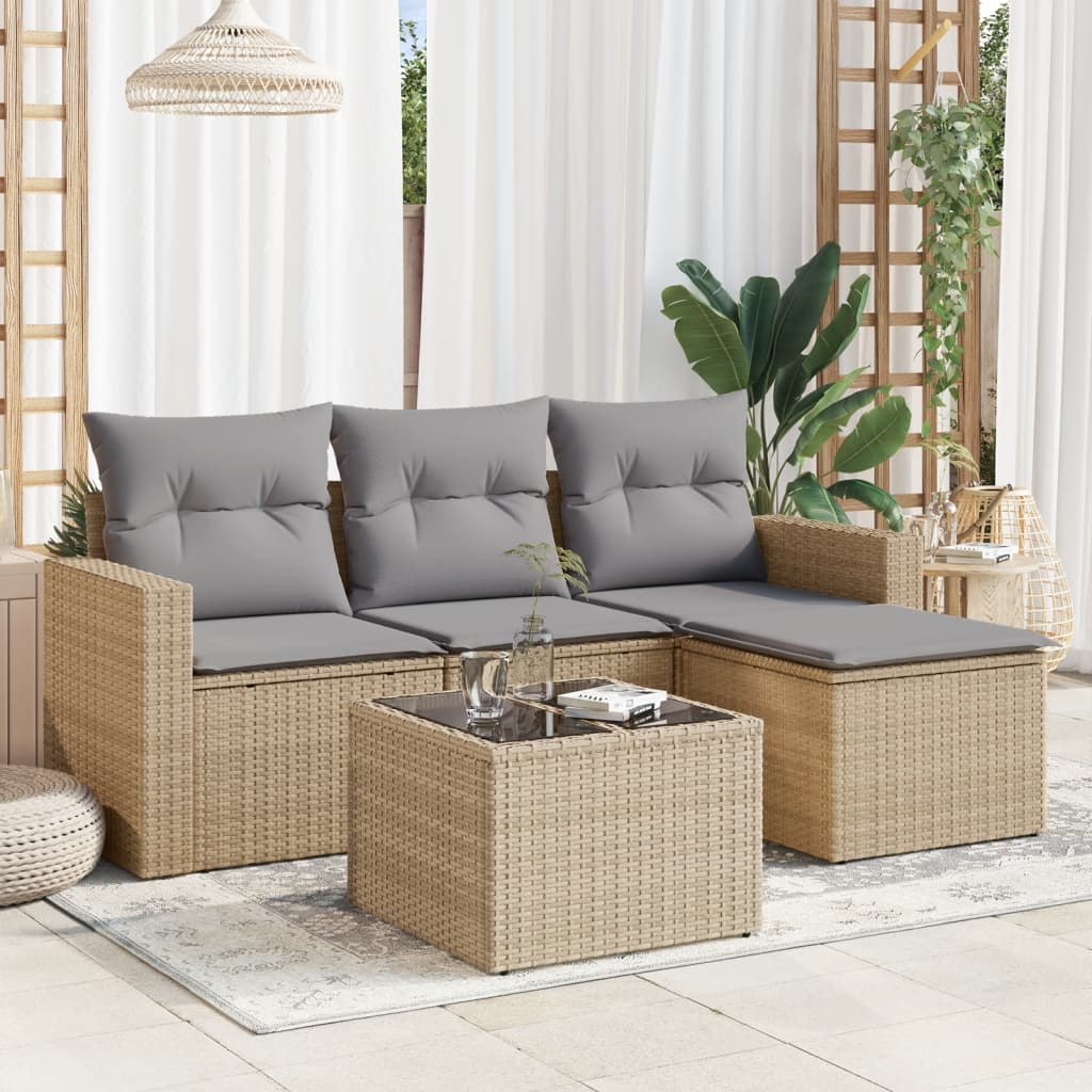 Set canapele de gradina cu perne, 5 piese, bej, poliratan — imaginea 2