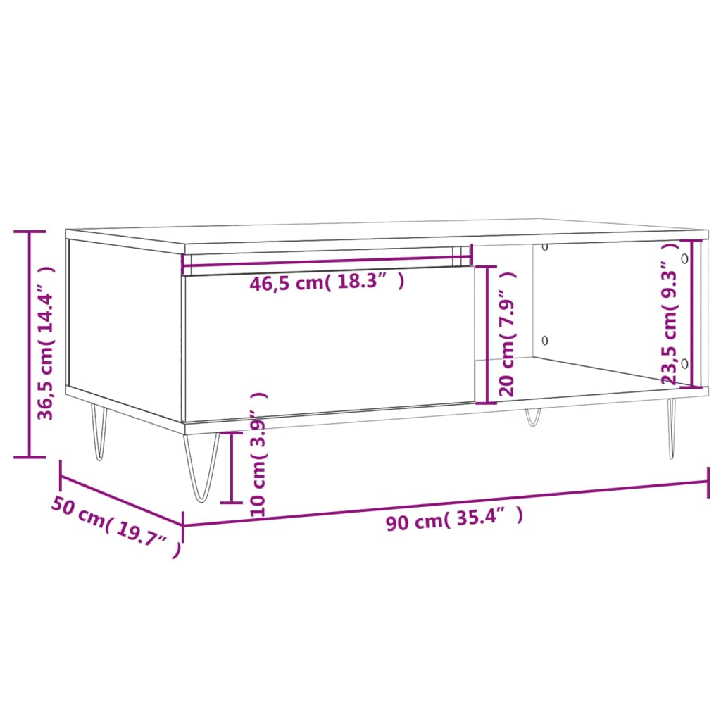 Masuta de cafea, gri sonoma, 90x50x36,5 cm, lemn prelucrat — imaginea 12