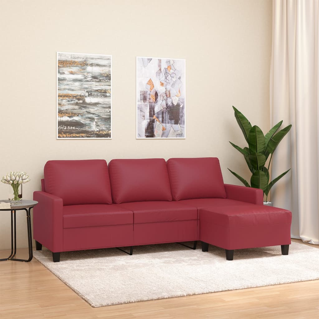 Canapea cu 3 locuri si taburet, rosu vin 180 cm piele ecologica — imaginea 2