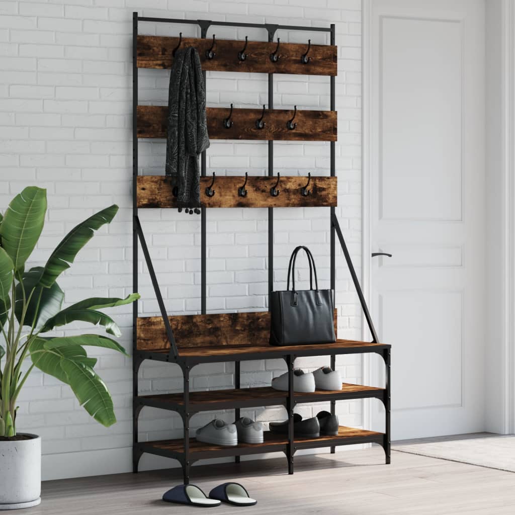 Suport de haine cu raft de pantofi stejar fumuriu, 100x40x184cm — imaginea 2