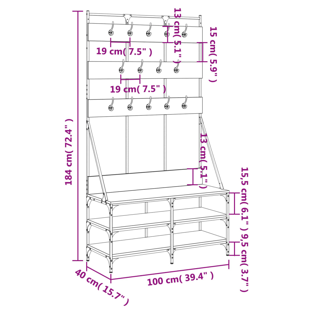 Suport de haine cu raft de pantofi stejar fumuriu, 100x40x184cm — imaginea 9