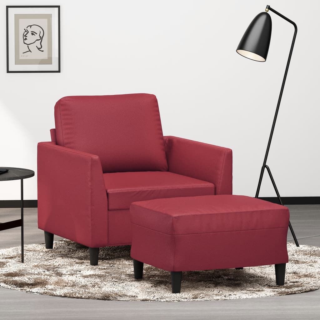 Fotoliu canapea cu taburet, rosu vin, 60 cm, piele ecologica — imaginea 2