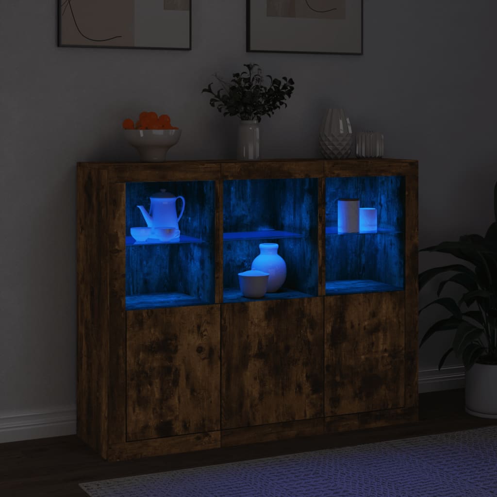 Servanta cu lumini LED, 3 buc., stejar fumuriu, lemn prelucrat — imaginea 3