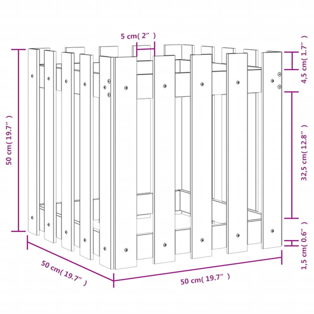 Jardiniera gradina design gard, alb, 50x50x50 cm lemn masiv pin — imaginea 9