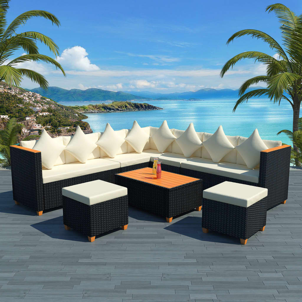 Set mobilier de gradina cu perne, 7 piese, negru, poliratan — imaginea 2