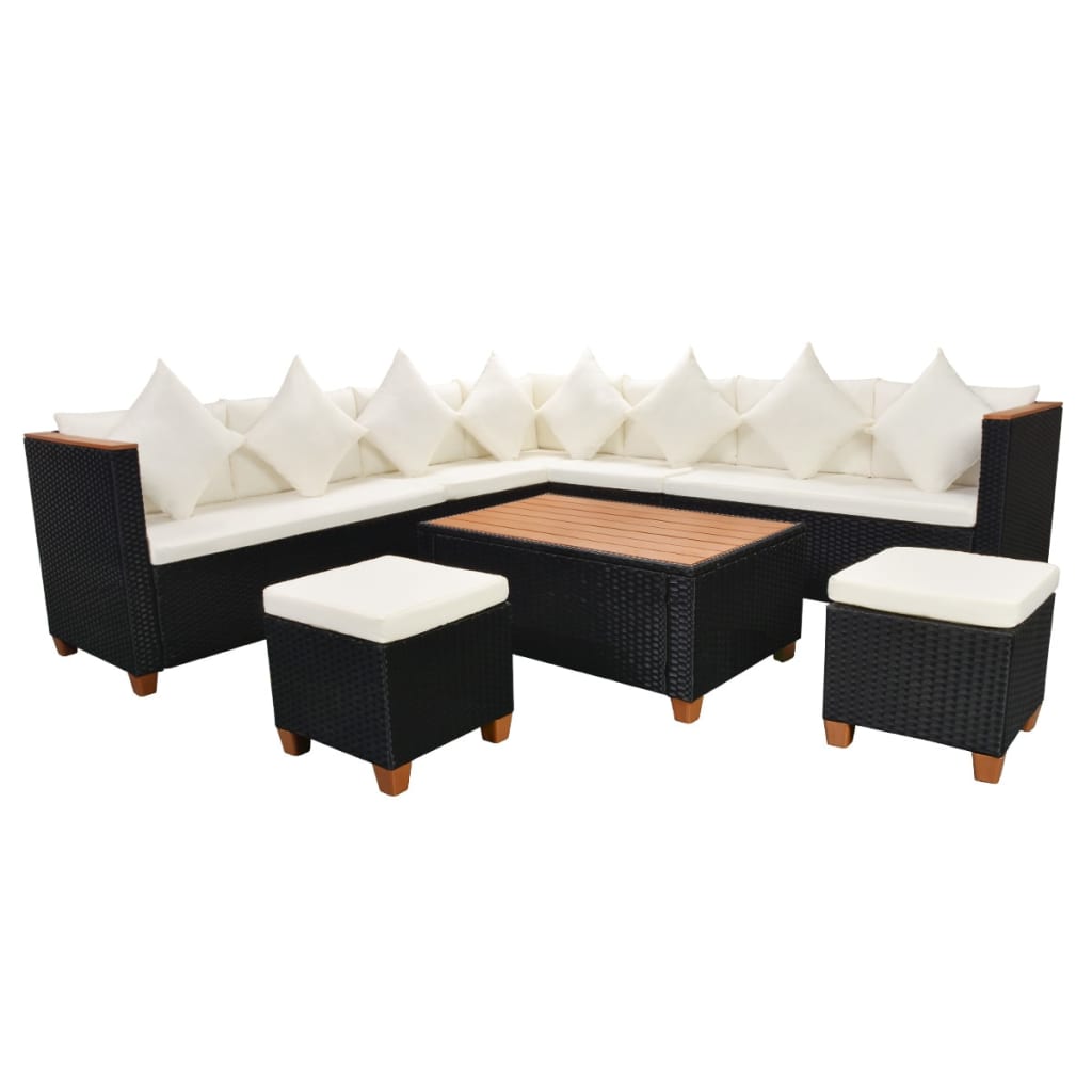 Set mobilier de gradina cu perne, 7 piese, negru, poliratan — imaginea 3