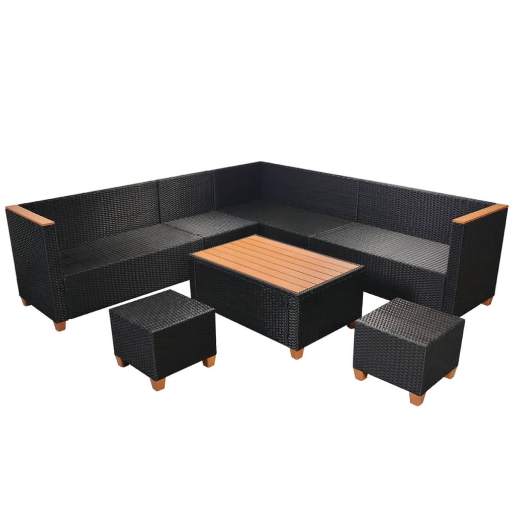 Set mobilier de gradina cu perne, 7 piese, negru, poliratan — imaginea 5