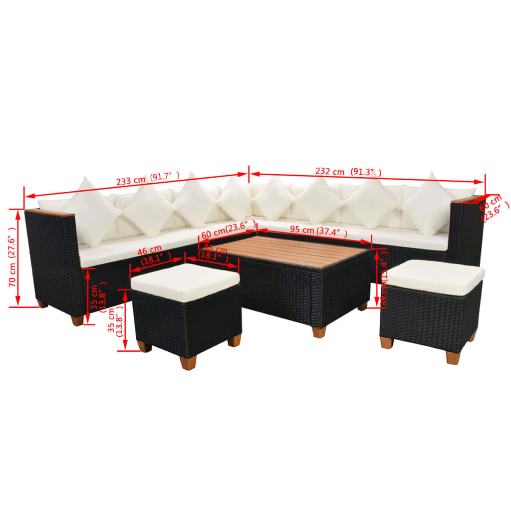 Set mobilier de gradina cu perne, 7 piese, negru, poliratan — imaginea 11