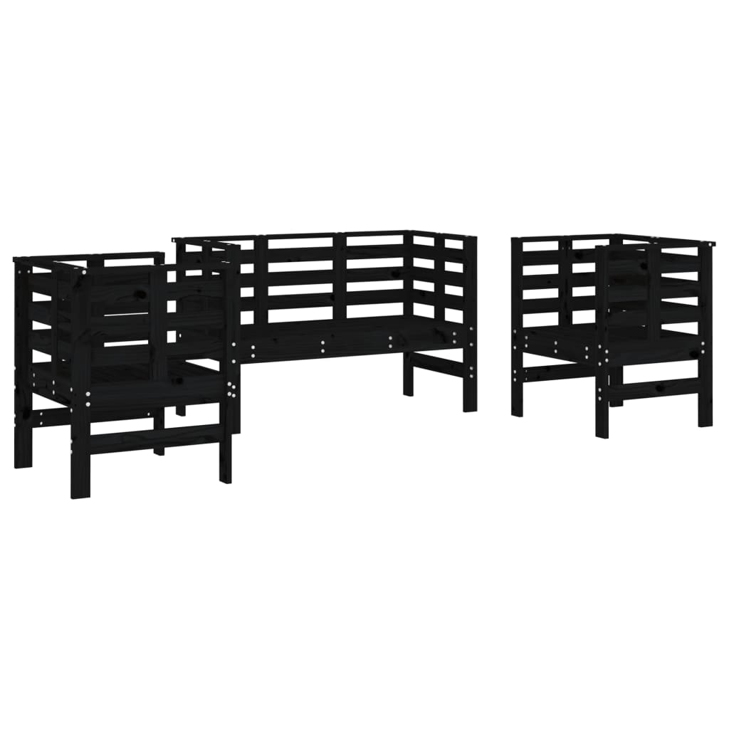 Set mobilier de gradina, 3 piese, negru, lemn masiv pin