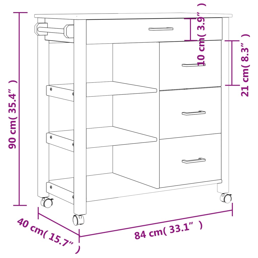 Carucior de bucatarie „MONZA”, 84x40x90 cm, lemn masiv de pin — imaginea 9