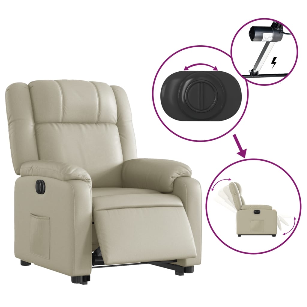 Fotoliu rabatabil electric cu ridicare, crem, piele ecologica — imaginea 5