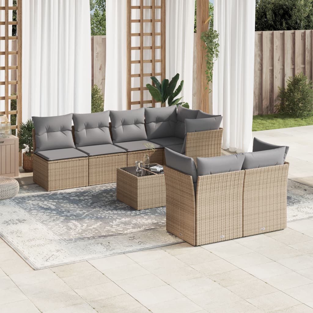 Set canapele de gradina, 8 piese, cu perne, bej, poliratan — imaginea 2