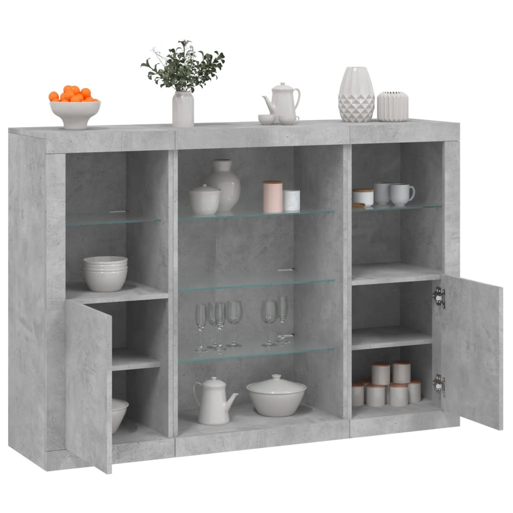 Servanta cu lumini LED, 3 buc., gri beton, lemn prelucrat — imaginea 2