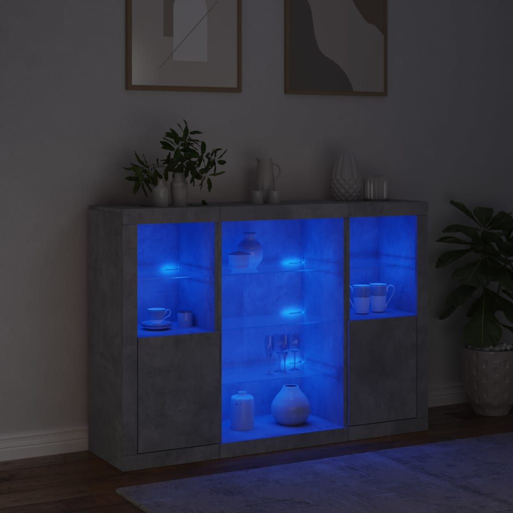 Servanta cu lumini LED, 3 buc., gri beton, lemn prelucrat — imaginea 3