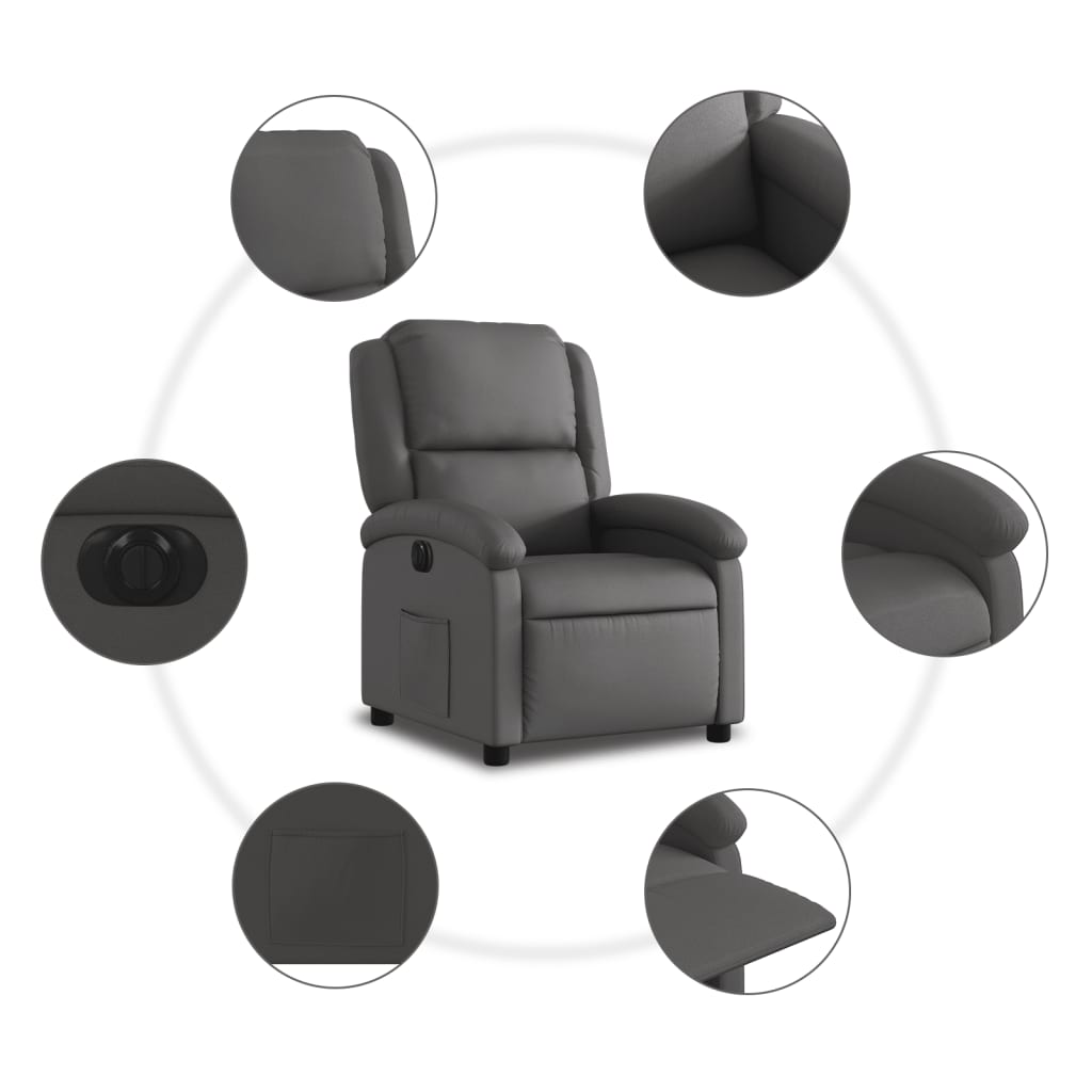 Fotoliu rabatabil electric, gri, piele naturala — imaginea 7