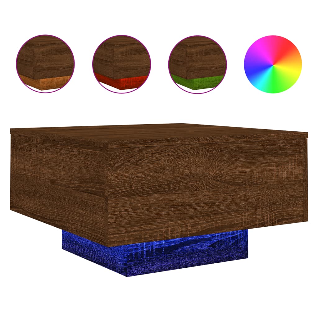 Masuta de cafea cu lumini LED, stejar maro, 55x55x31 cm