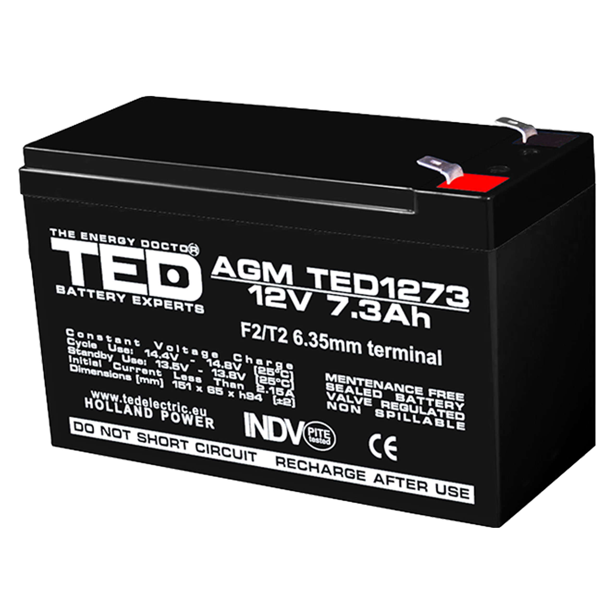 Acumulator AGM VRLA 12 V 7.3 A dimensiuni 151 mm x 65 m m x h 95 mm F2 TED Battery Expert Holland TED003249 (5)