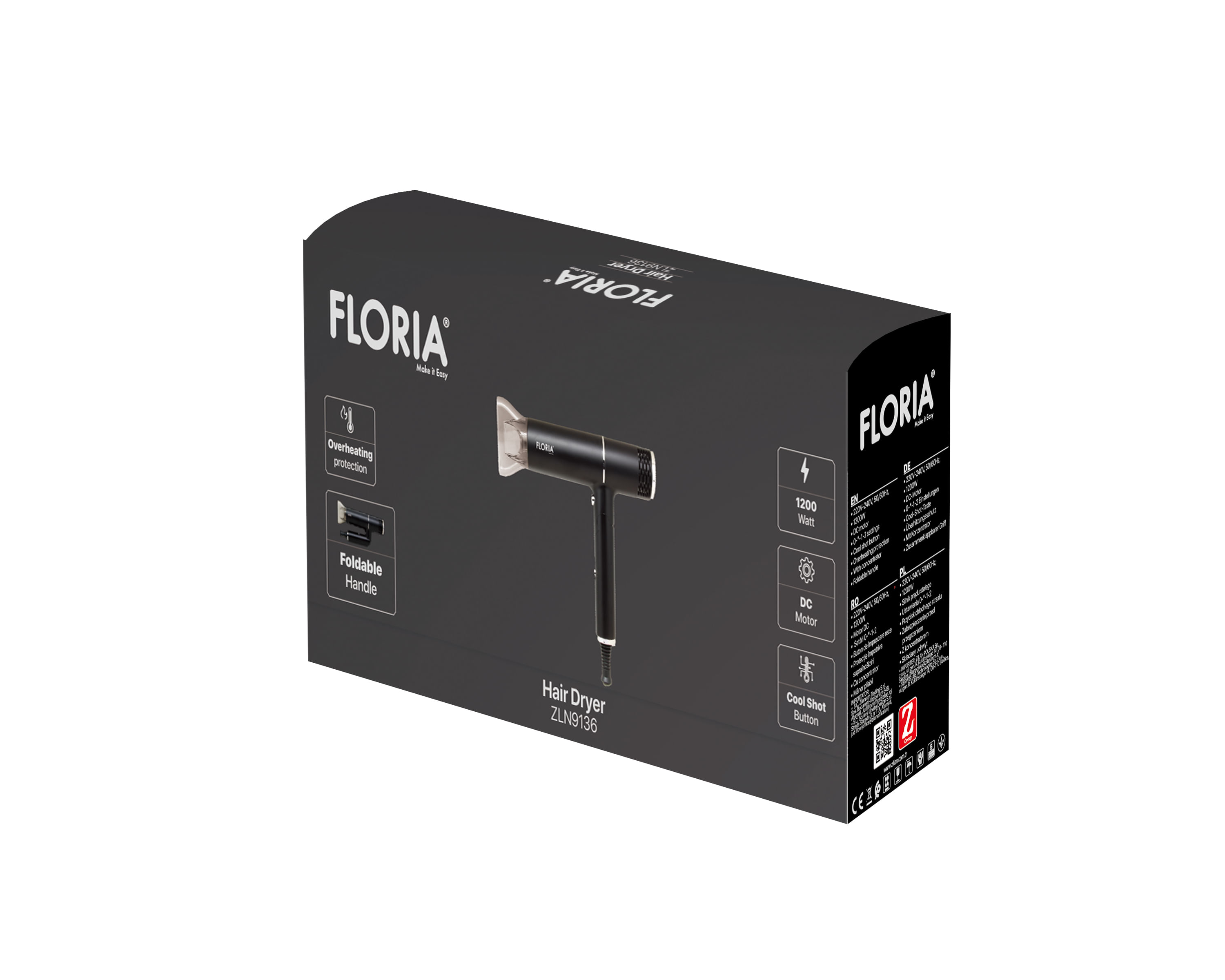 Uscator de par Floria ZLN9136, 3 trepte viteza, Putere 1200W, functie suflare aer rece