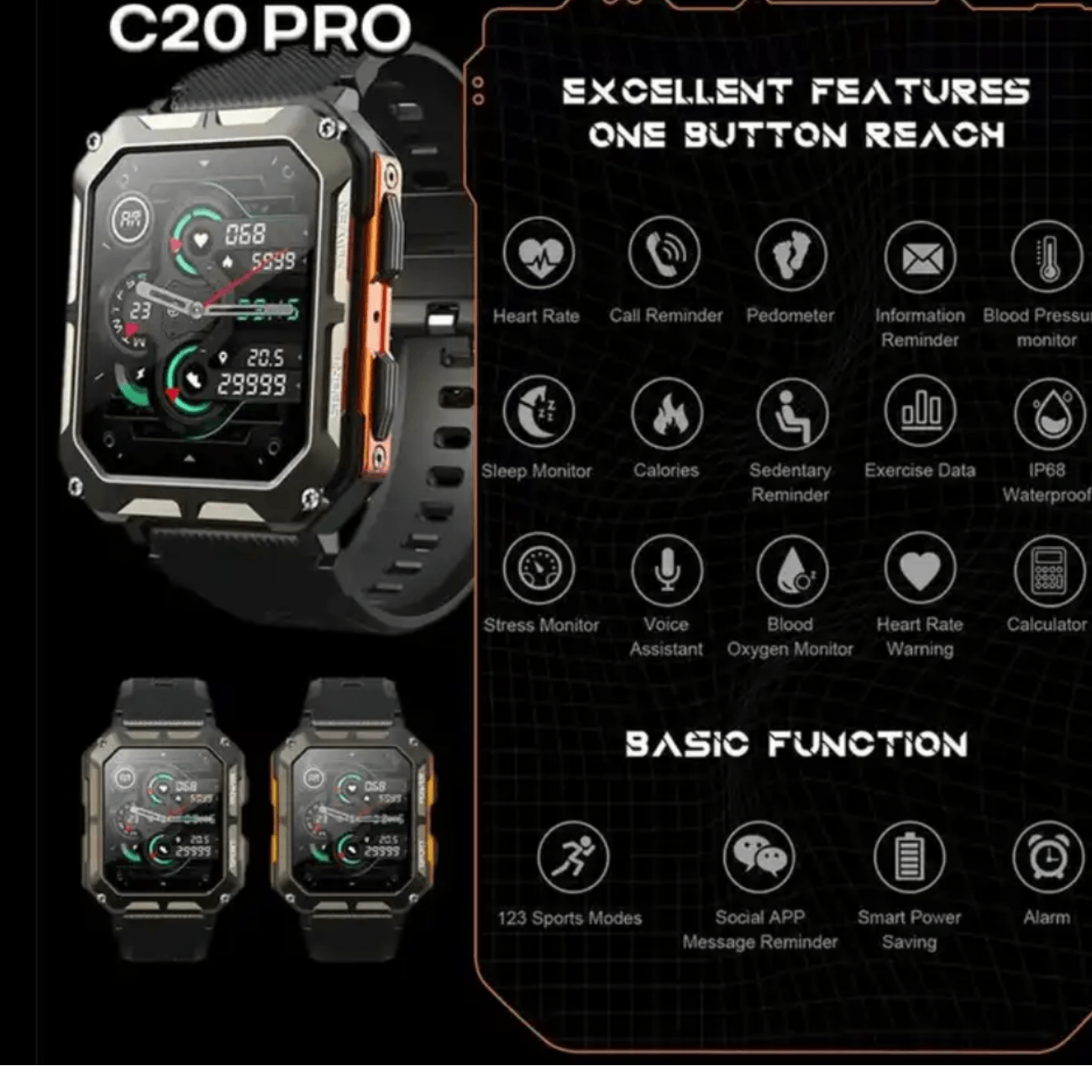 Smartwatch RoHS® C20 Pro Negru,1.83 inch, Apel bluetooth,Bluetooth 5.0,Ritm cardiac,SpO2,123 Sporturi,Ip68,380mAh - 4 | YEO