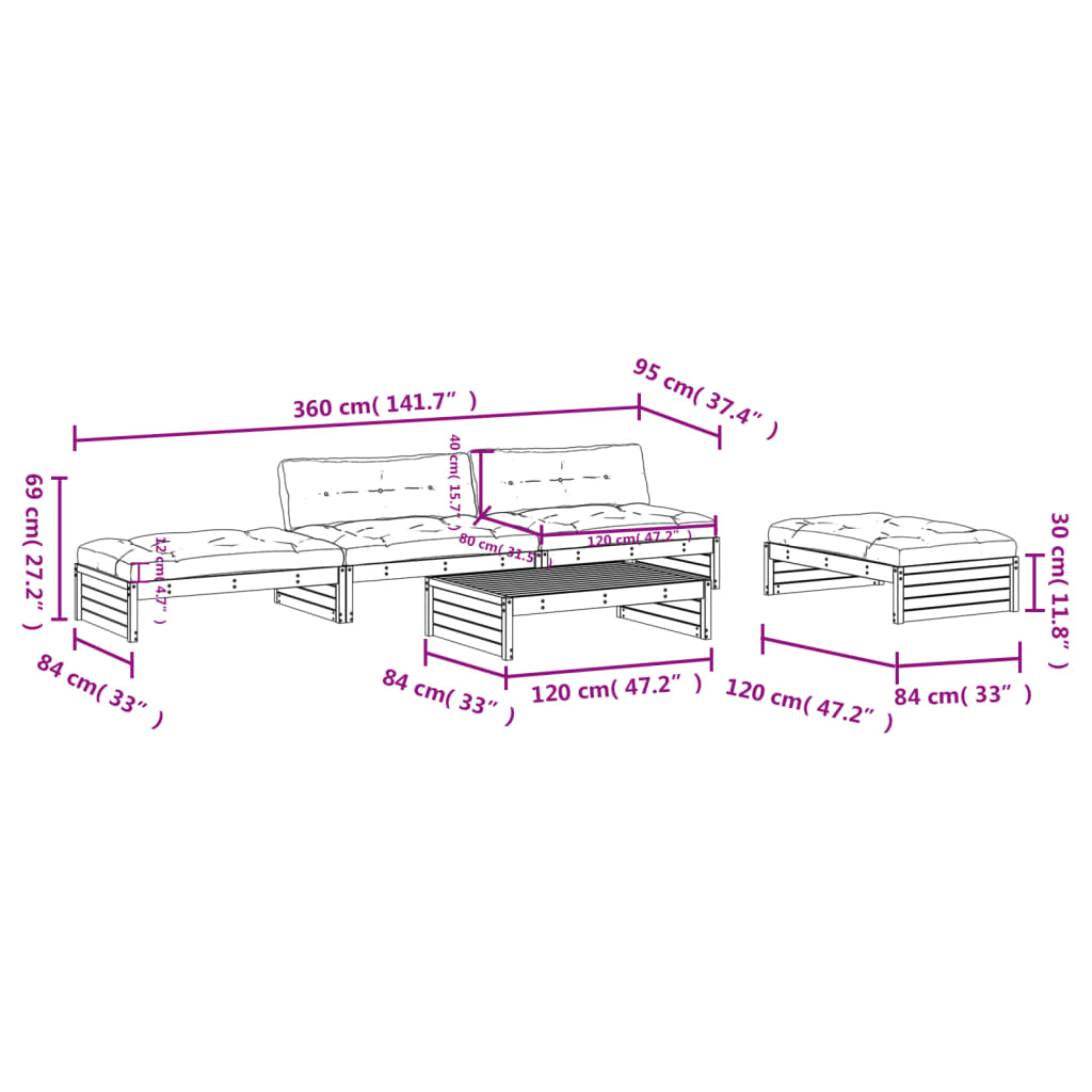 Set mobilier de gradina cu perne, 5 piese, lemn de pin tratat — imaginea 8