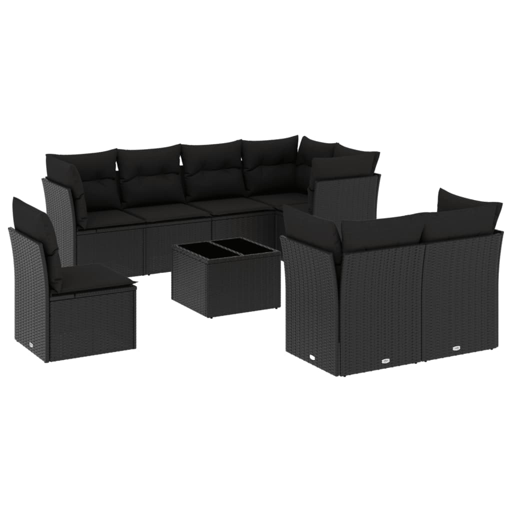 Set mobilier de gradina cu perne, 9 piese, negru, poliratan