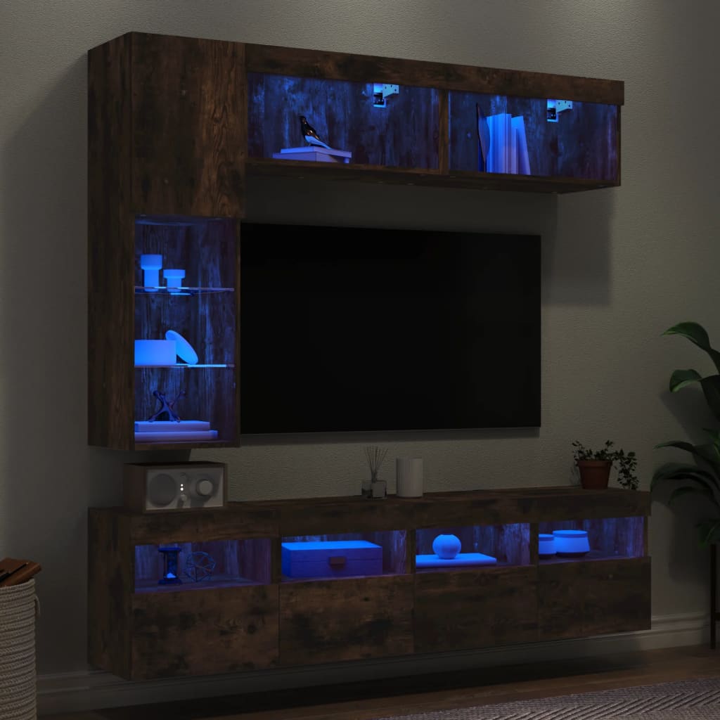 Comode TV de perete cu lumini LED, 7 piese, stejar fumuriu — imaginea 4