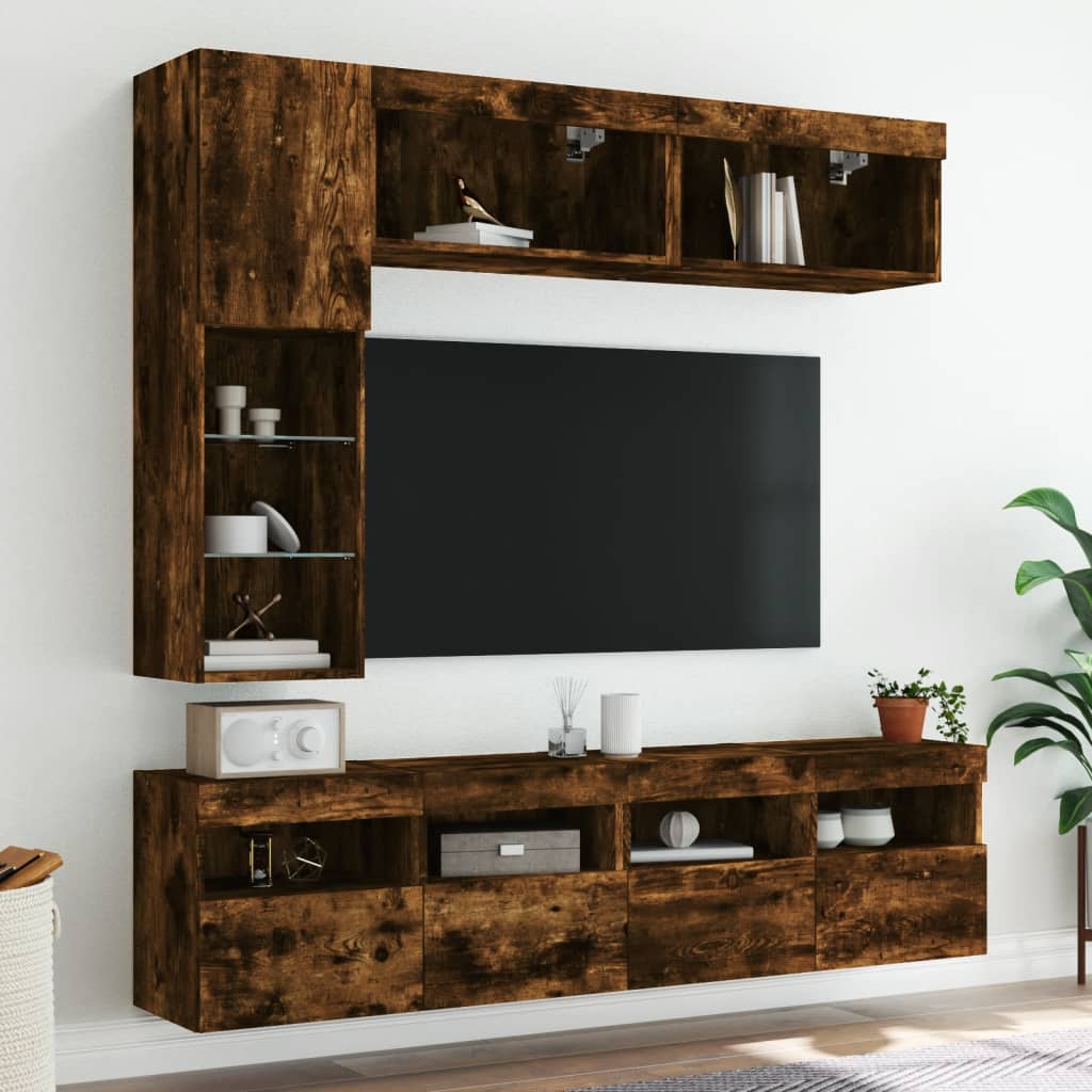 Comode TV de perete cu lumini LED, 7 piese, stejar fumuriu — imaginea 5