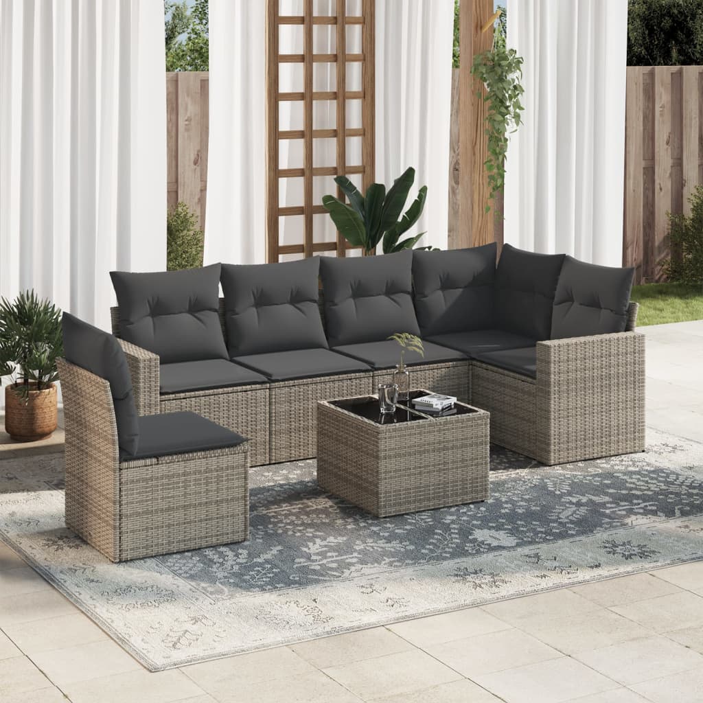 Set canapele de gradina, 7 piese, cu perne, gri, poliratan — imaginea 2