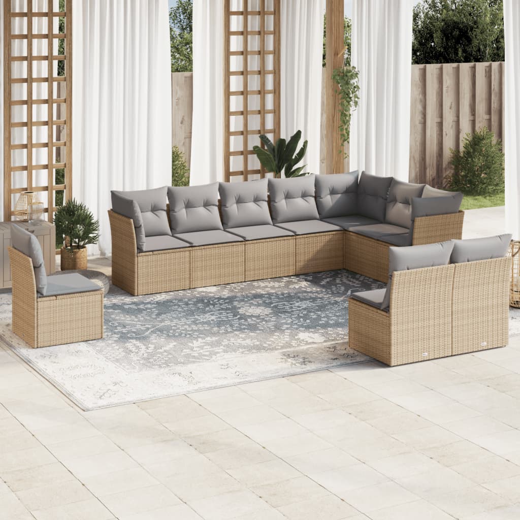 Set canapele de gradina cu perne, 10 piese, bej, poliratan — imaginea 2