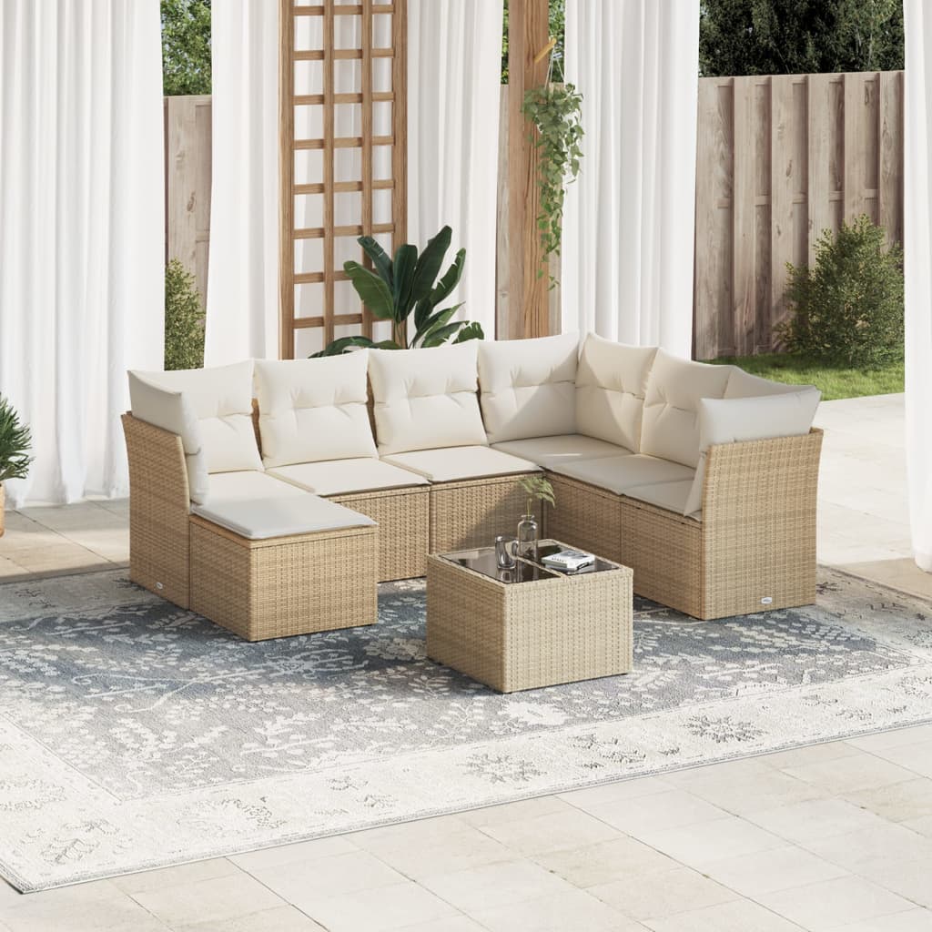 Set canapele de gradina, 8 piese, cu perne, bej, poliratan — imaginea 2